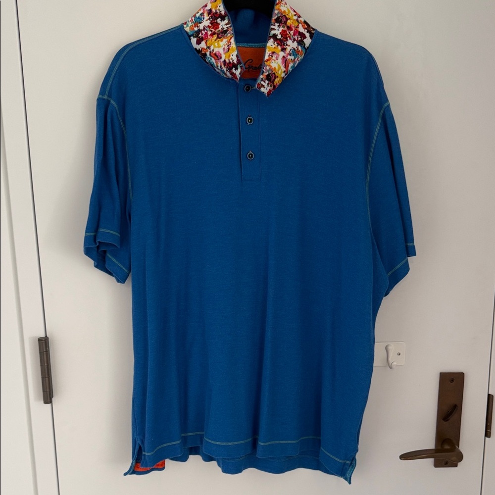 Robert Graham Blue Polo with Multicolor Collar and Accent Stitching